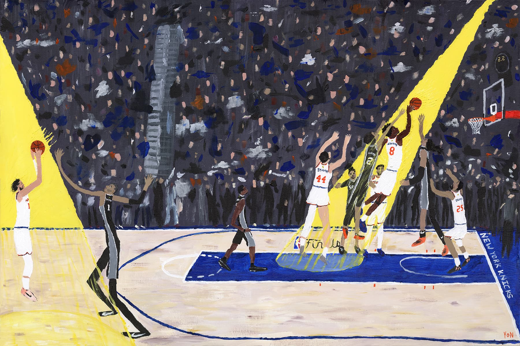 Oil painting of a basketball player tipping the ball in above the rim as the arena darkens around him