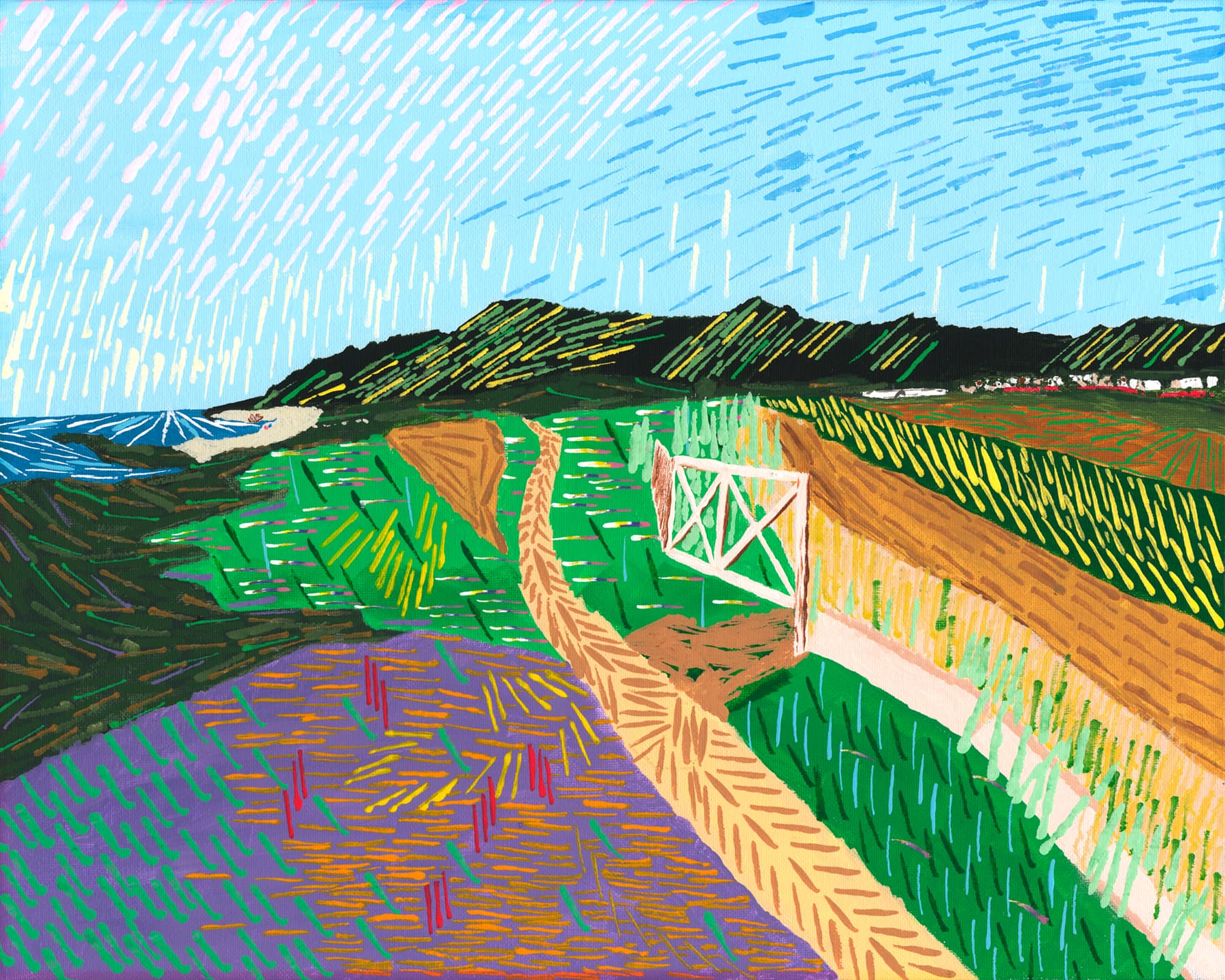 Dashillism painting of a night on the beach, built from small tapered dashes
