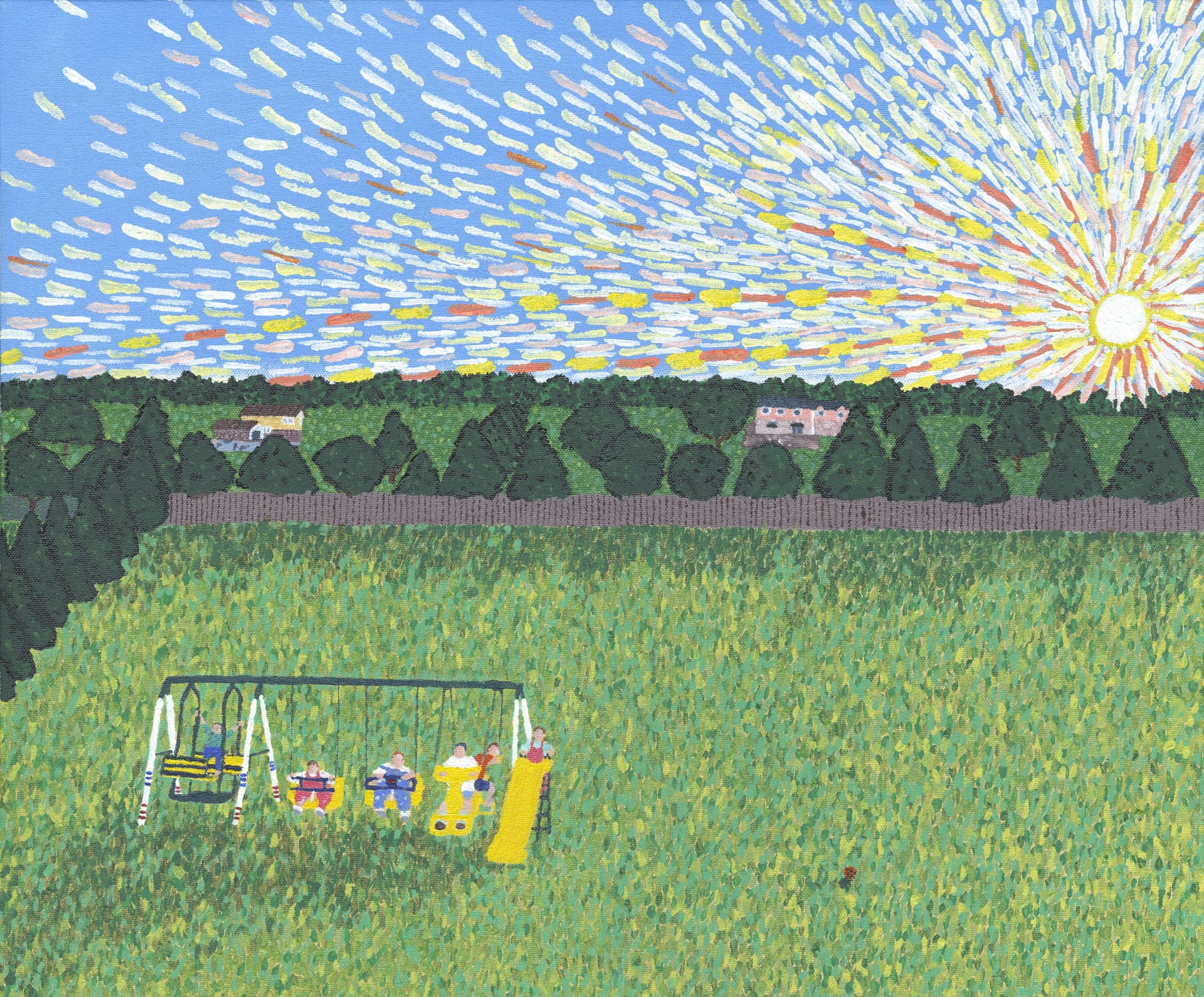 Dashillism painting of a summer sunset over a backyard, built from small tapered dashes