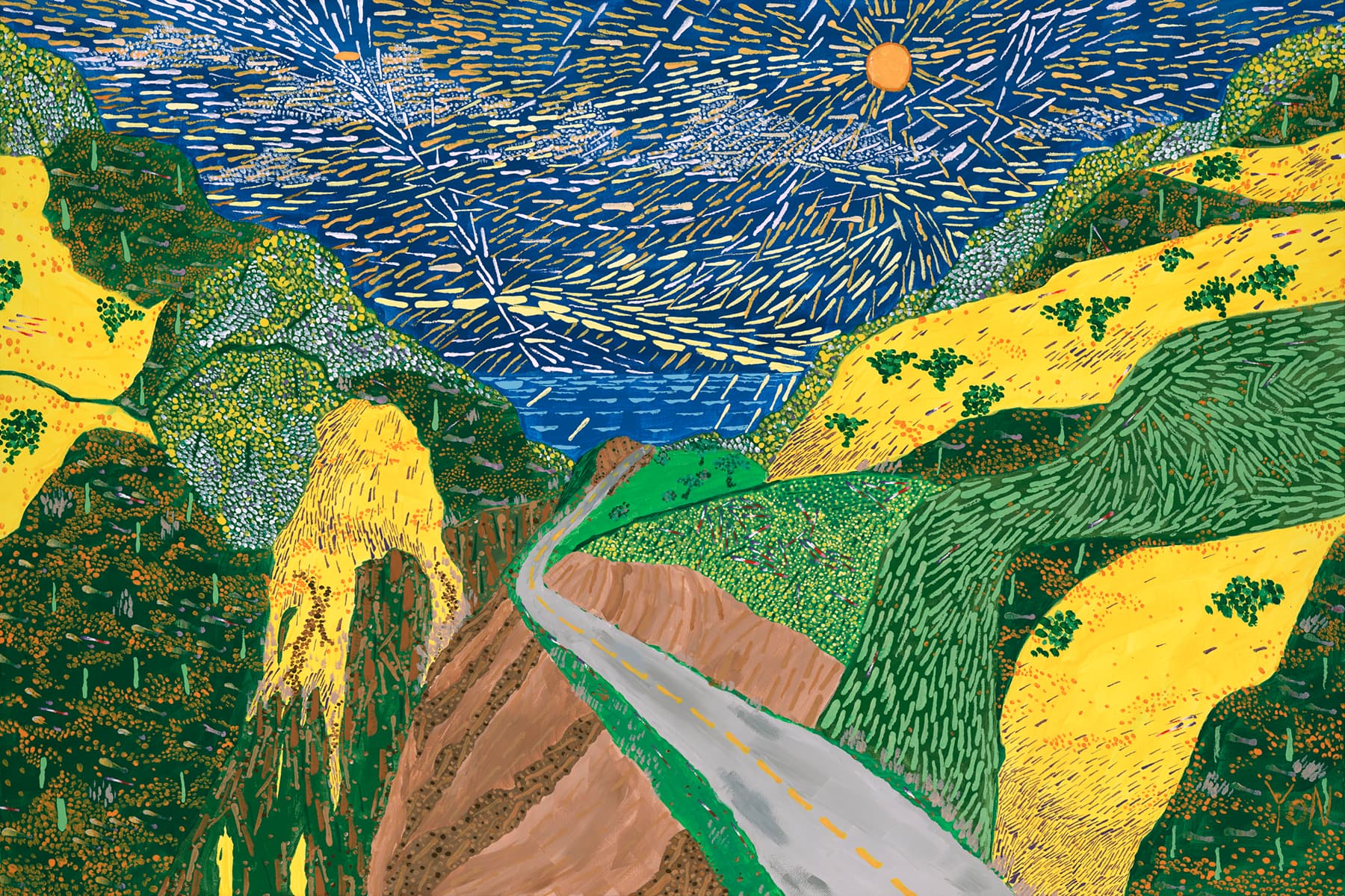 Painting of California hills in full super bloom, combining pointillism and dashillism